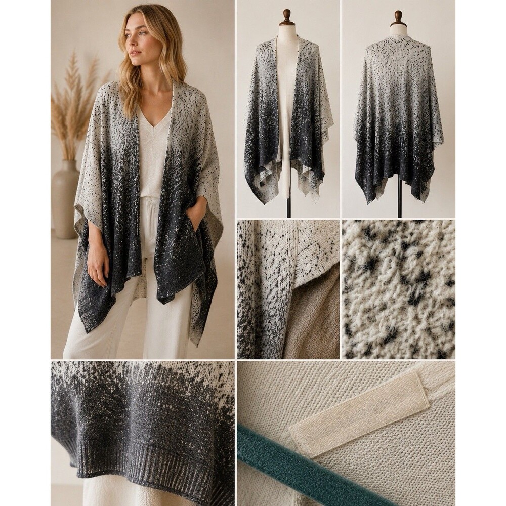 Subtle Luxury 100% Cashmere Ombre Ruana Poncho Cape Wrap Gray One Size Flawed